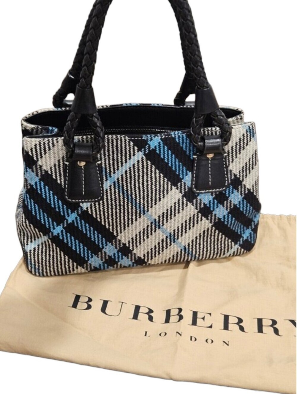 Burberry Check Black and Blue Check Wool Leather Rope Handle Handbag + Dustbag